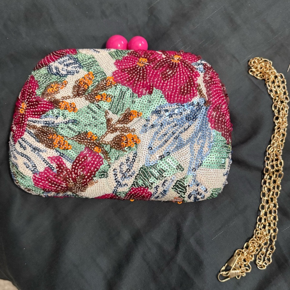 Floral Beaded Clutch with Chain Strap